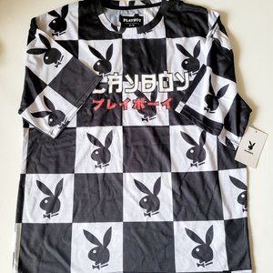 PLAYBOY Unisex Checkered Black White T Shirt Size Small